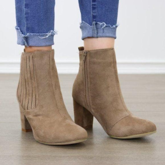 Vegan Suede Taupe Block Heel Ankle Bootie - Picture 5 of 6